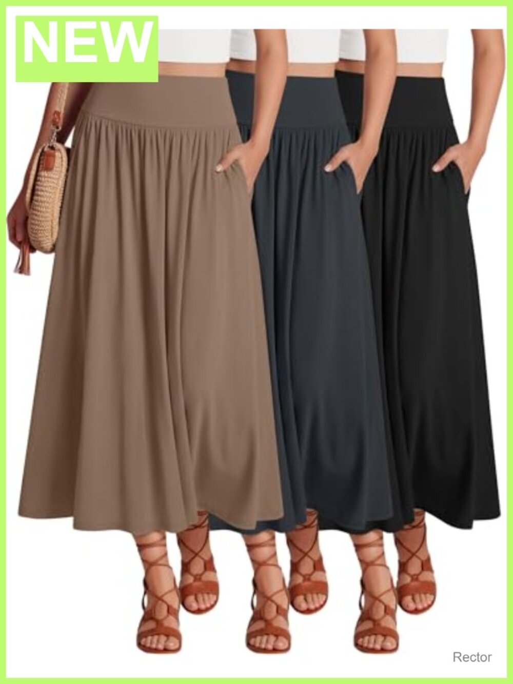 3 Pack Women's Maxi Long Pleated Skirts Side Pockets A-Line Flowy